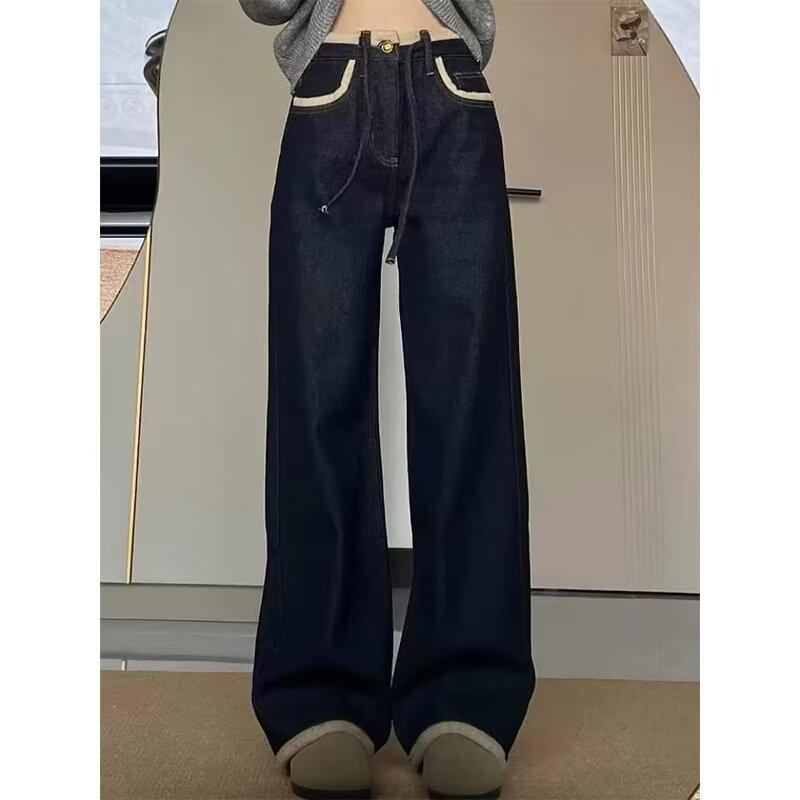 

Женские ретро темно-синие джинсы широкого кроя на флисовой подкладке - Уютный свободный дизайн для осени/зимы L