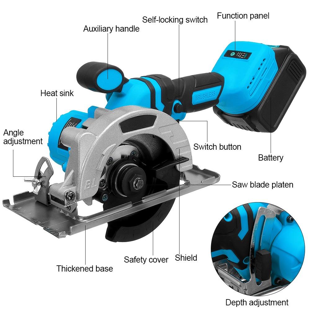 1800W 125MM Electric Cordless Brushless Circular Saw Auxiliary Handle Household Woodworking Tools for 18V Battery