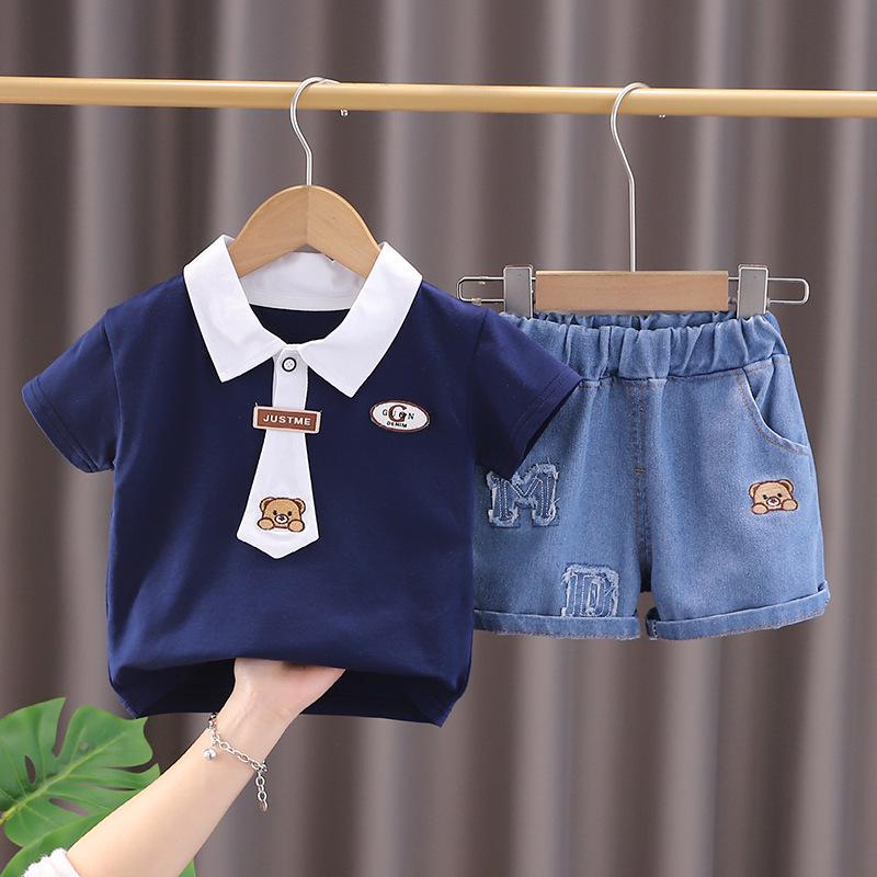 

Летний детский комплект из двух предметов с коротким рукавом и плюшевым мишкой, 2025: Мультяшный топ и шорты 110cm темно-синий