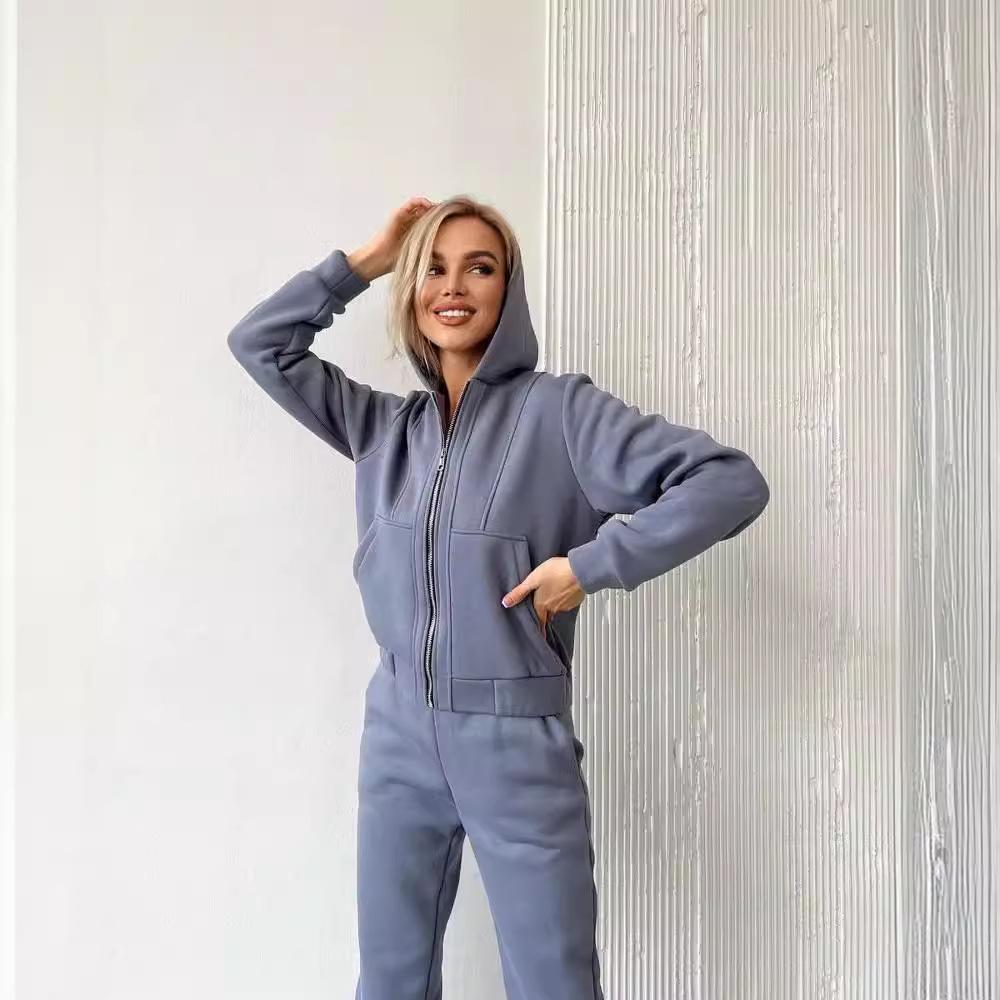 European-American Fleece-Lined Hooded Sweatshirt and Pants Set for Women - Autumn/Winter