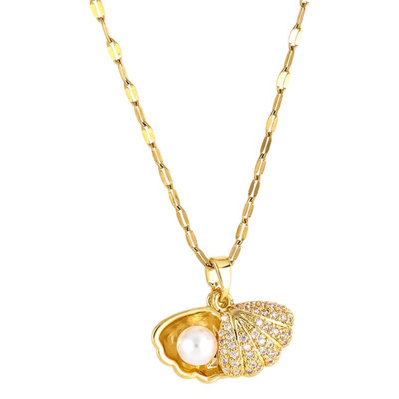 Zircon Seashell Clavicle Necklace with Pearl and Titanium Steel