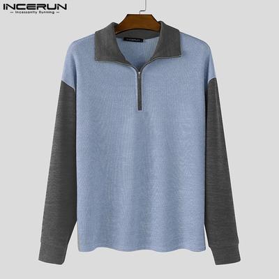 Autumn Men Zip-up Lapel Long Sleeve Stitching Rib Knitted Pullovers Tops