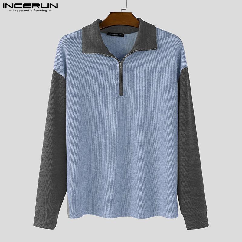 INCERUN Autumn Men Zip-up Lapel Long Sleeve Stitching Rib Knitted Pullovers Tops