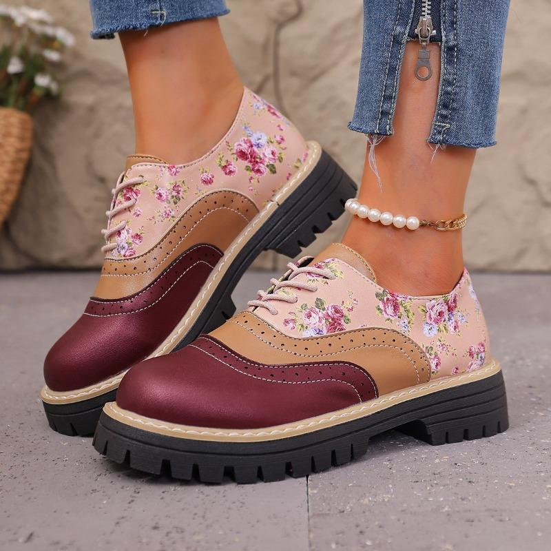 Mocassini Bassi da Donna con Tacco Chunky, Stampa Floreale, Allacciatura, Color-Block, Punta Tonda, Calzature Casual Comode, Disponibili in Taglie Grandi.