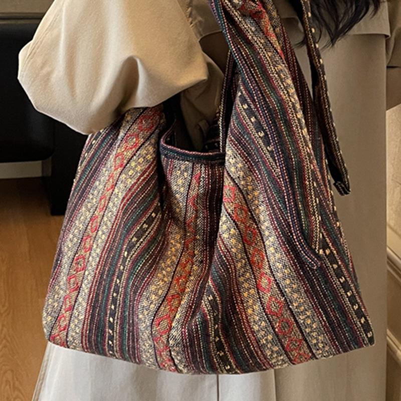 Lazy Canvas Bag Women's Fashion New Retro Shoulder Bag Large Capacity Tote Bag Striped Messenger Bag