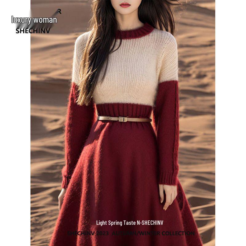 

Genuine Light Luxury Knitted Patchwork Dress - New Year s Edition, Autumn/Winter Design, Plus Velvet, Thickened Wool M (Below 100 Jin) красный