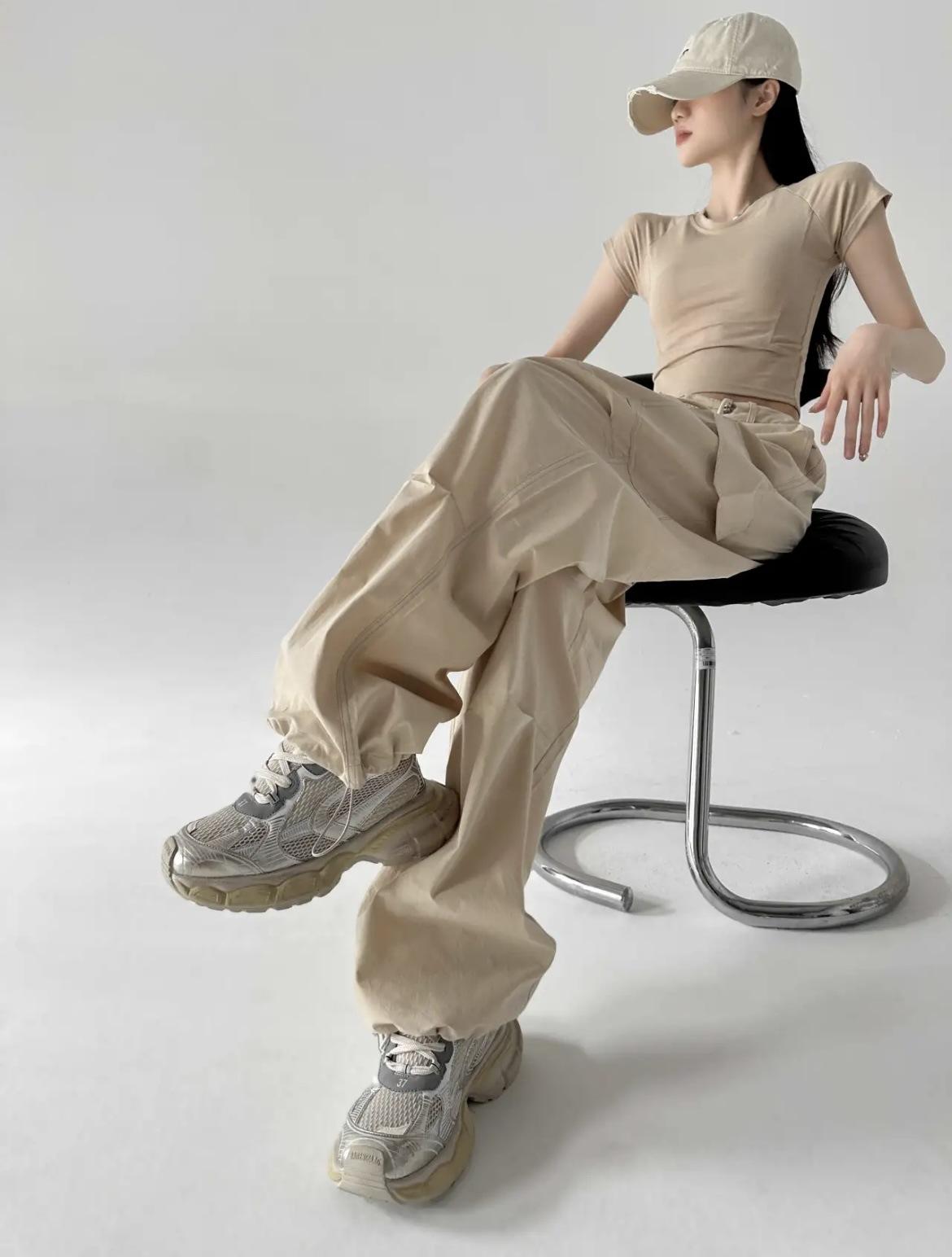 Women s High Waist Cargo Pants Straight Leg Loose Fit Urban Style Drawstring Waist Casual Trousers S