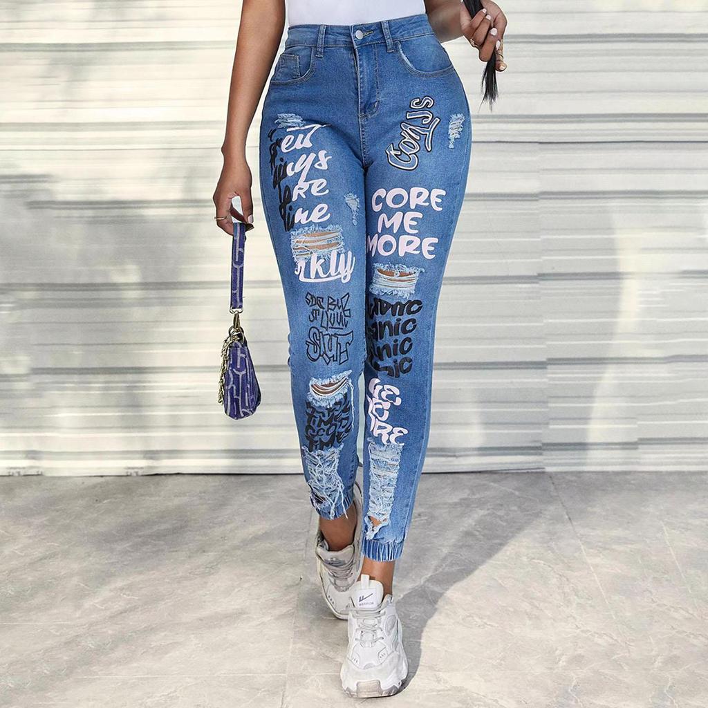 Spring Women's Casual Ripped Jeans Letter Print Leggings Trousers