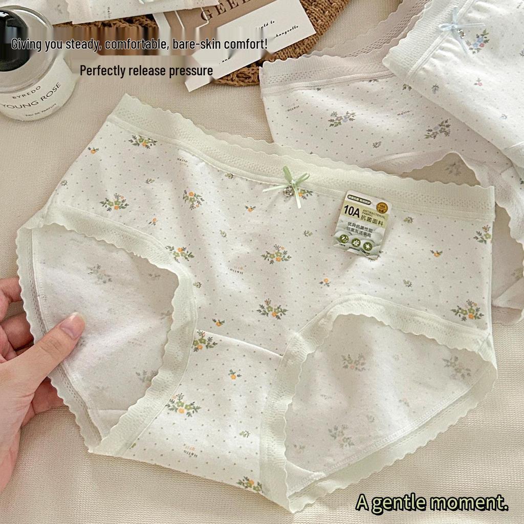 10A Antibacterial Floral Lace Trim Cotton Crotch Mid-Waist Girly Briefs