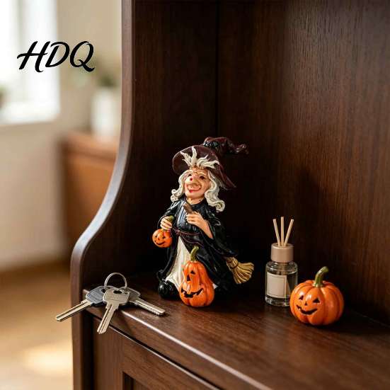 Resin Desktop Decorations Halloween Witch Pumpkin Figurine Vintage Hand-Painted Ornament Spooky Tabletop Artistic Figurines Decor for Desk