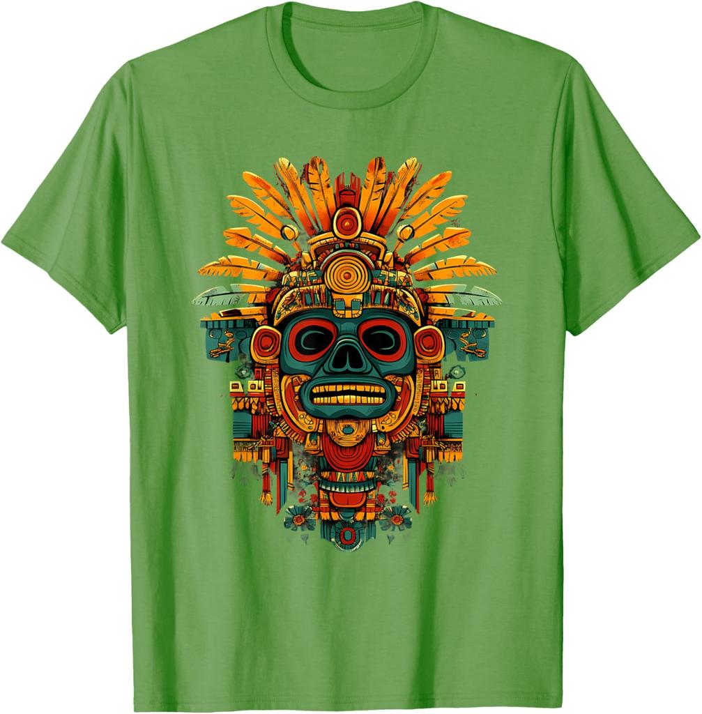 Aztekischer Maya Gott Schädel Kopfschmuck Grafik T-Shirt Herren Atmungsaktiv Kurzarm T-Shirt Lässiger Ausflug