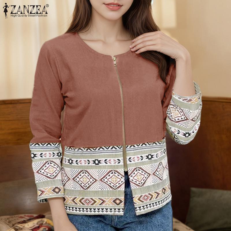 ZANZEA Women Casual Round Neck Long Sleeve Ethnic Print Loose Zipper Blouse
