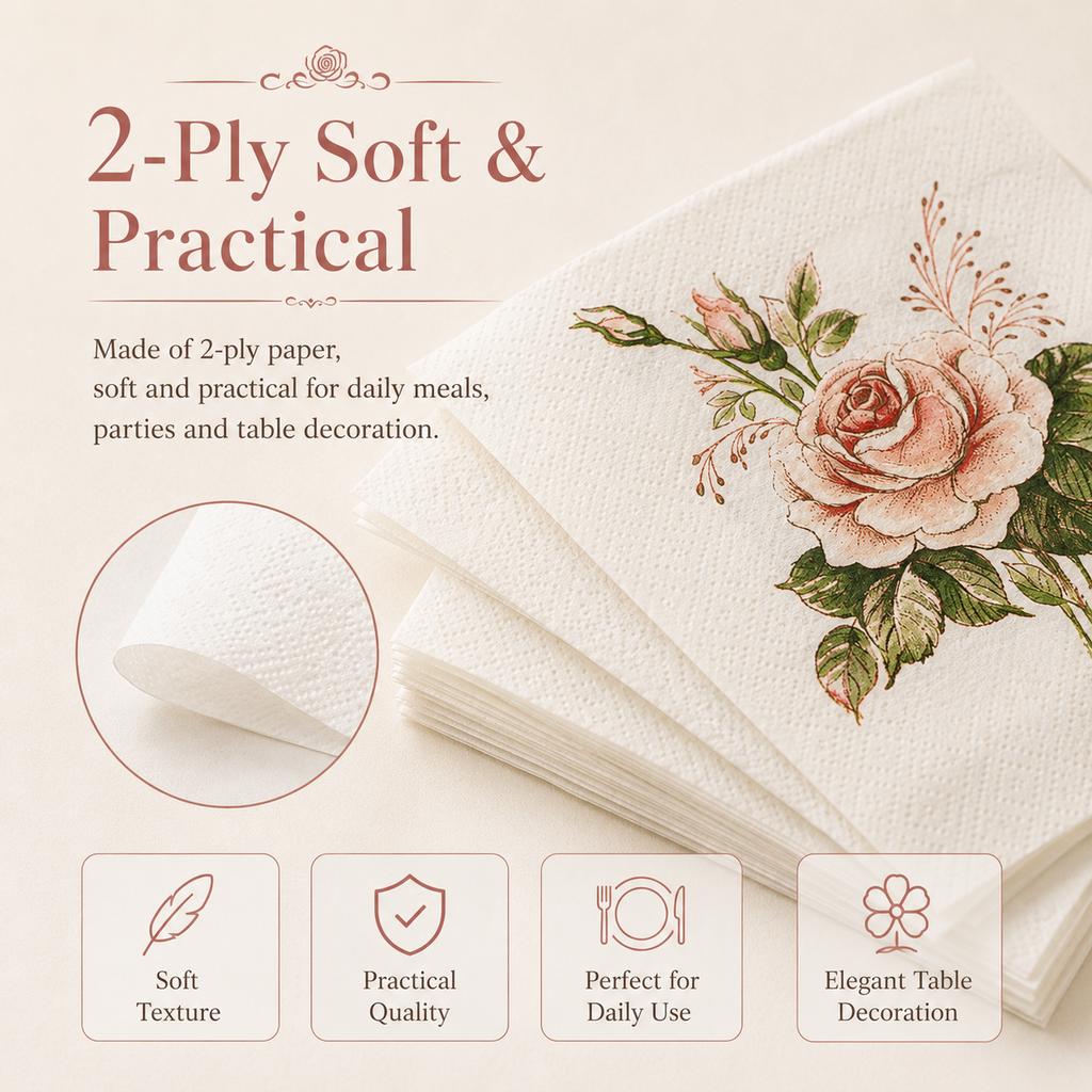 Vintage Rose Floral Paper Napkins 20Pcs 2-Ply Table Napkins for Party Wedding Tea Time Decor