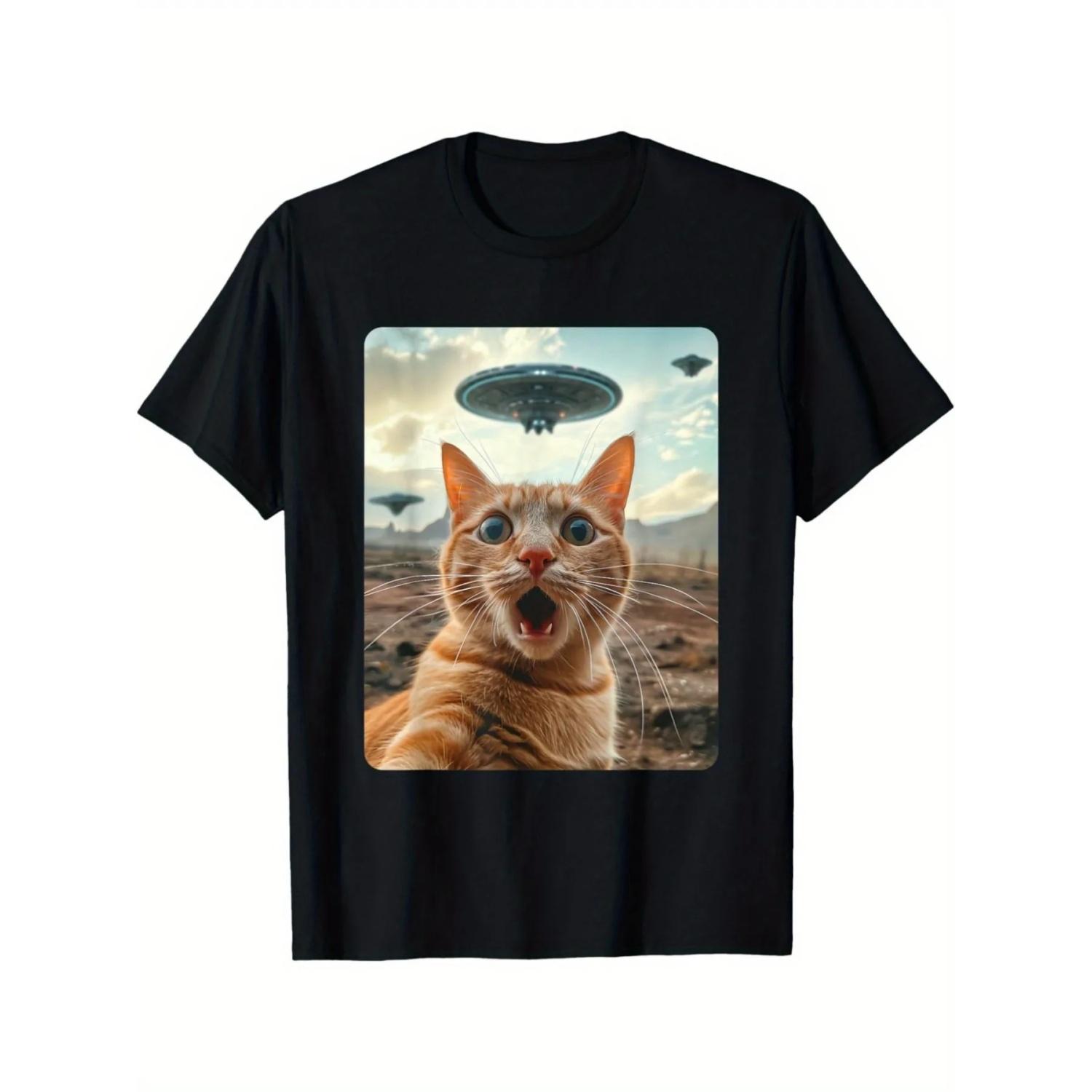 

Funny Cat and UFO Graphic Tshirts Unisex Top Women Clothes Summer Spring Crew Neck Short Sleeve S чёрный