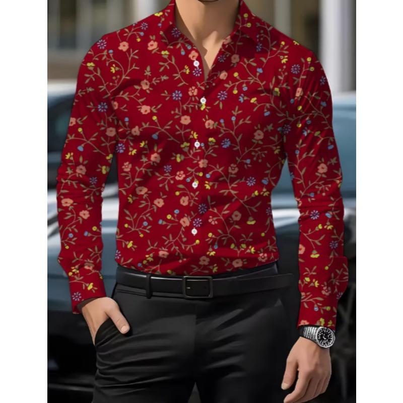 Herren langärmliges Hemd mit Knopfleiste und Kragen, floraler Aufdruck, formell, romantisch, große Blume blühende Blume Ganzkörperdruck, Herren Tropi