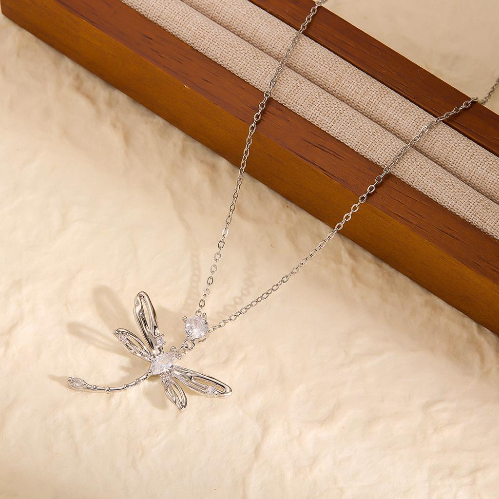 DIEYURO 316L Stainless Steel Hollowed Out Animal Dragonfly Zircon Pendant Necklace For Women New Trend Fashion Neck Jewelry Gift