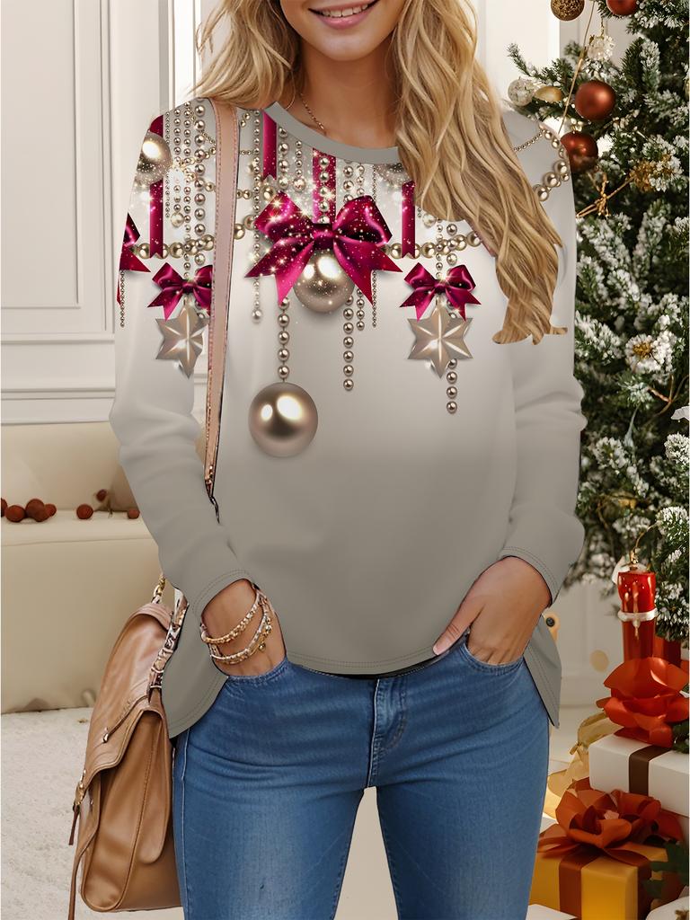 Bluzki damskie 3D nadruk świąteczny okrągły dekolt długi rękaw t-shirt jesień casual slim pulower damska bluzka z długim rękawem