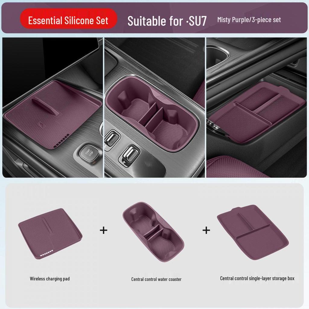 Silicone Pad Set for Xiaomi SU7: Three-Piece Car Interior and Cup Holder Accessory.
