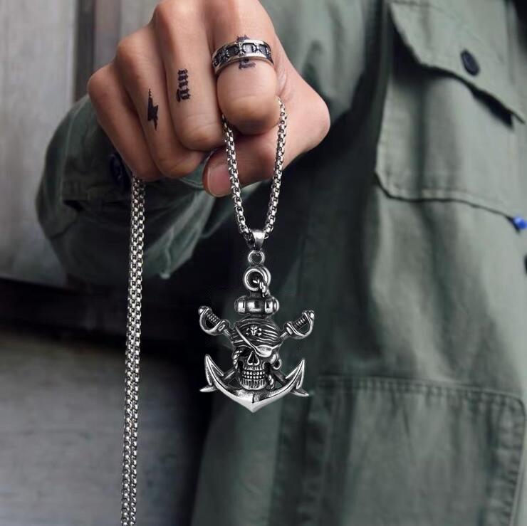 Vintage Titanium Steel Double Sword Skull Anchor Necklace Halloween Punk Men Jewelry