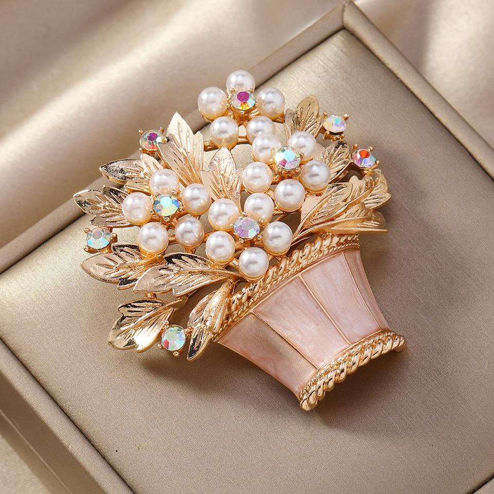 Glazed Pearl Flower Brooch Accessory, Fashionable Flower Basket, Potted Plant Brooch