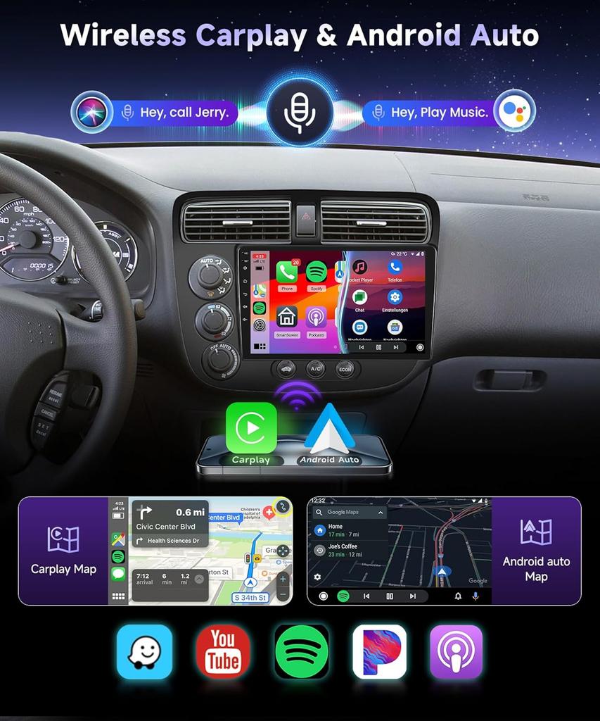 Car Stereo for Honda Civic 2001-2005, 9' HD Touch Screen, CarPlay, Android Auto, Bluetooth, GPS, WiFi, Backup Camera