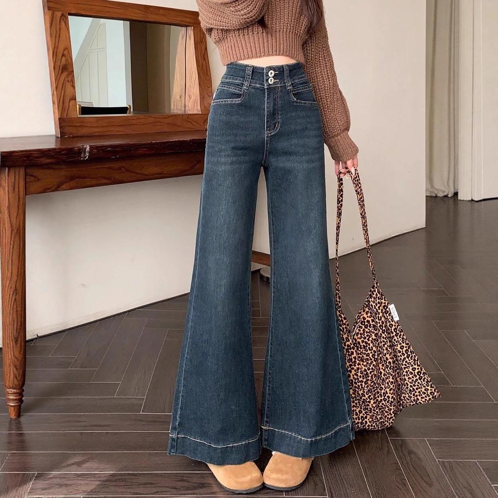 Women's High Waist Flared Jeans Casual Blue Denim Pants Vintage Streetwear Trousers
