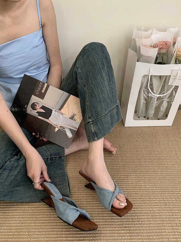 Suede Women's Square Toe Vocation Mules French Style Sandals New Summer Slippers Soft Frosted Open Toe Shoes Zapatos De Mujer