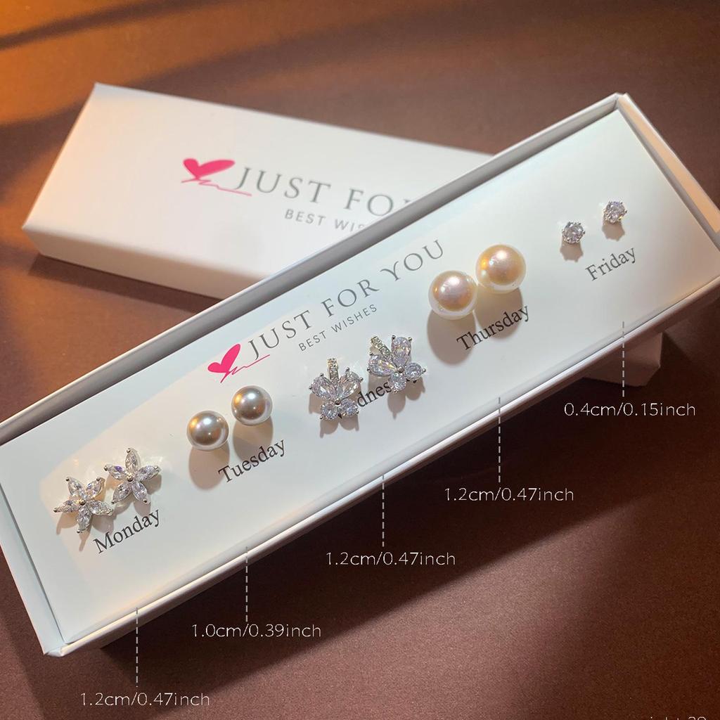 Weekly Earring Set: Flower Zircon Studs, Simple Ear Cuffs, Pearl Tassel French Earrings - 5 Pairs