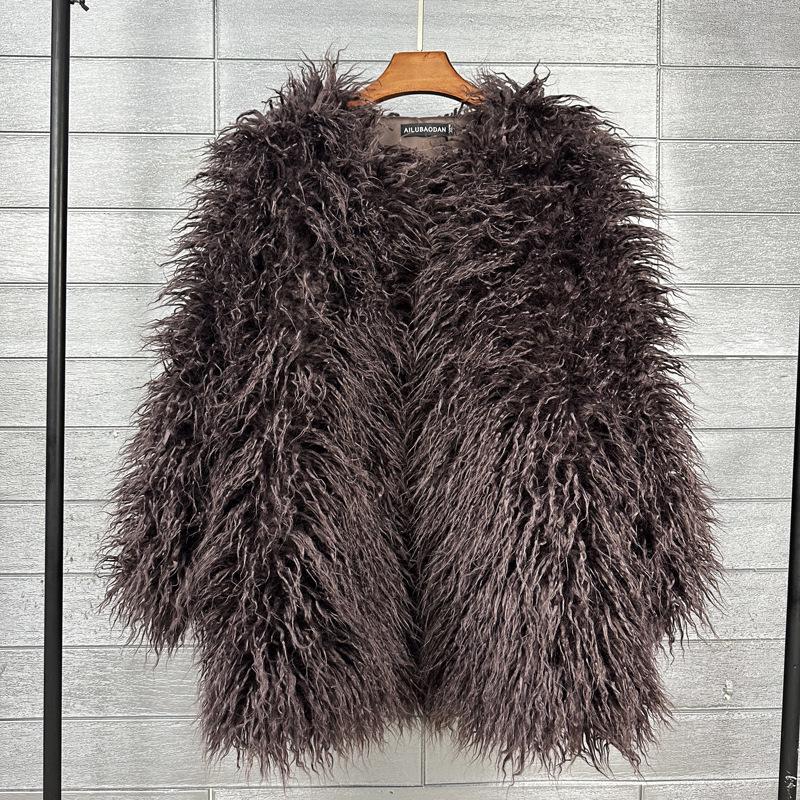 Korean Style Women's Tan Faux Lamb Wool Mid-Length Coat