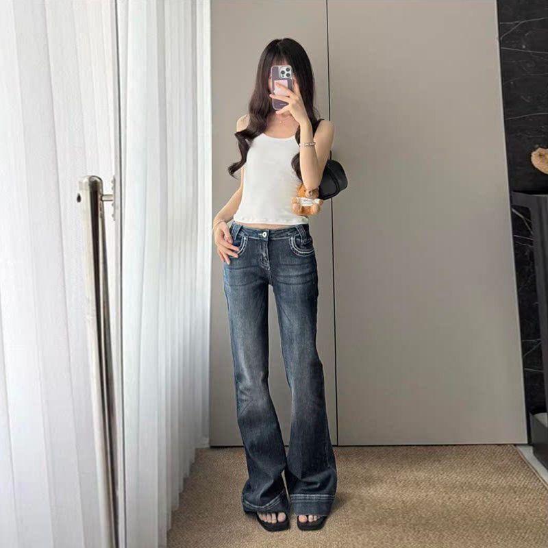 Fashion new design straight jeans women's autumn American low-rise versatile slim-fitting and thin floor-mopping bell pants