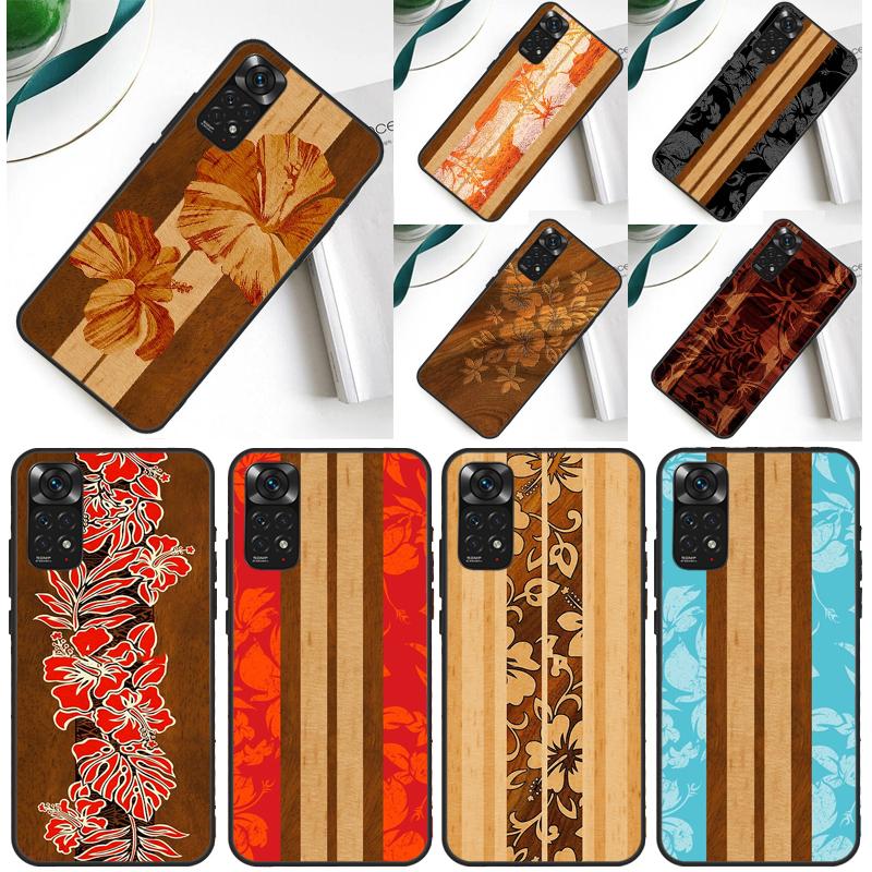 Hawaiian Faux Wood Surfboard Case For Xiaomi Redmi Note 13 14 Pro 12 9 10 11 Pro 10S 11S 12S Redmi 14C 13C 10C 12C Cover
