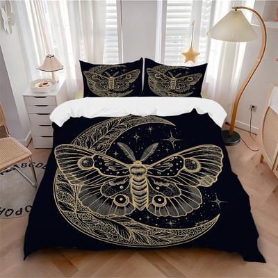 3pcs Moth & Moon Bedding Set Includes Quilt Cover and Pillowcases, Suitable for All Seasons L072