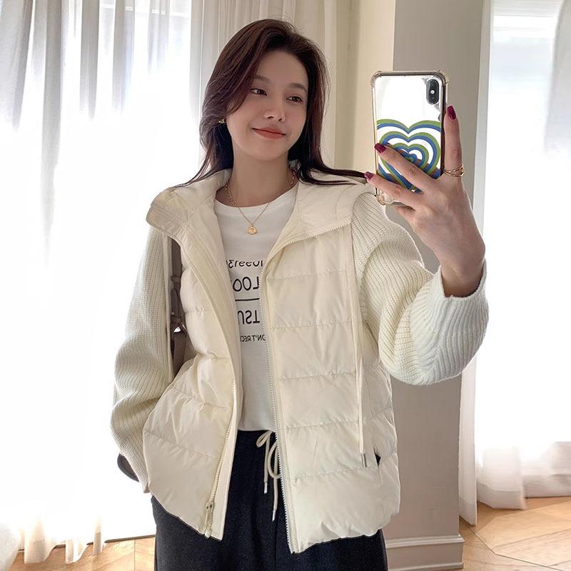 

Высококачественная белая утиная пуховая короткая женская зимняя куртка с новым модным дизайном, теплая куртка с трикотажными рукавами M белый