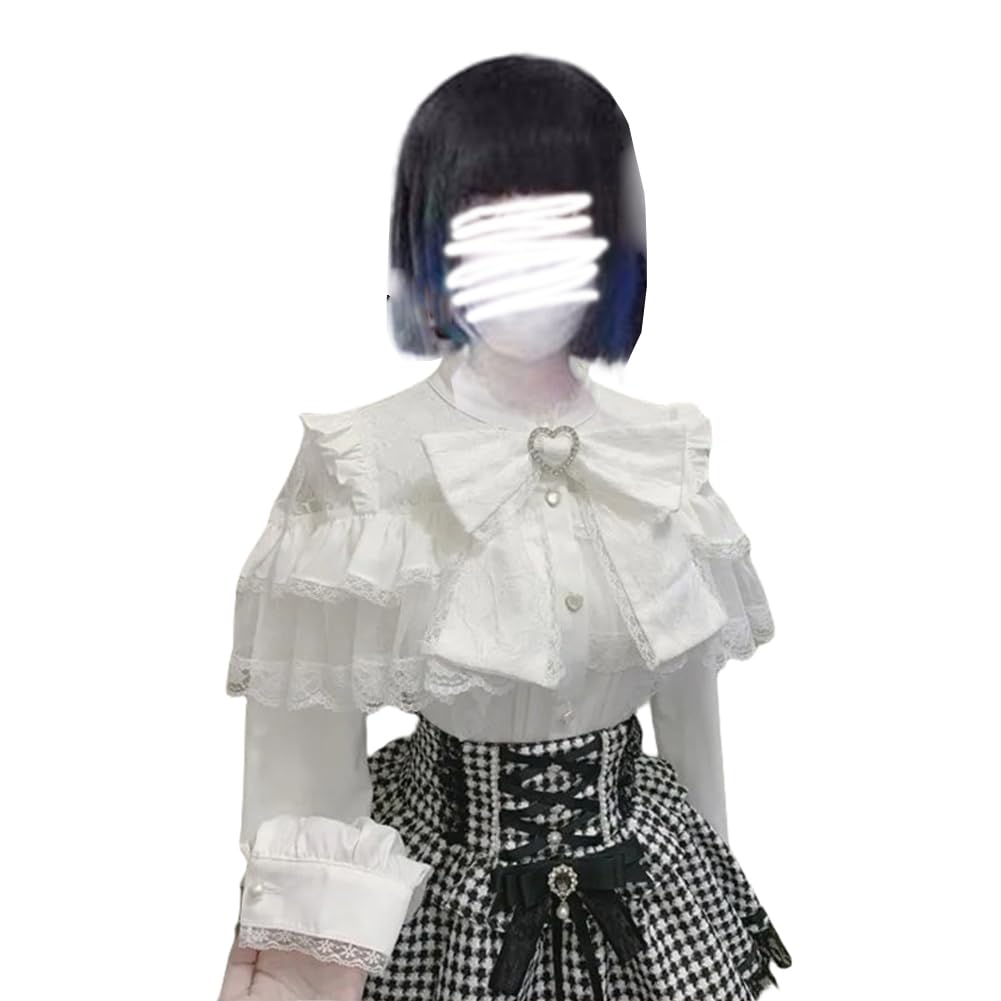 EDREES Long Sleeve Round Neck Lace Ruffle Cute Mori Girl Top with Lolita Harajuku Winter Long Women's Blouse, Princess-Style Bow, Detachable, Style,