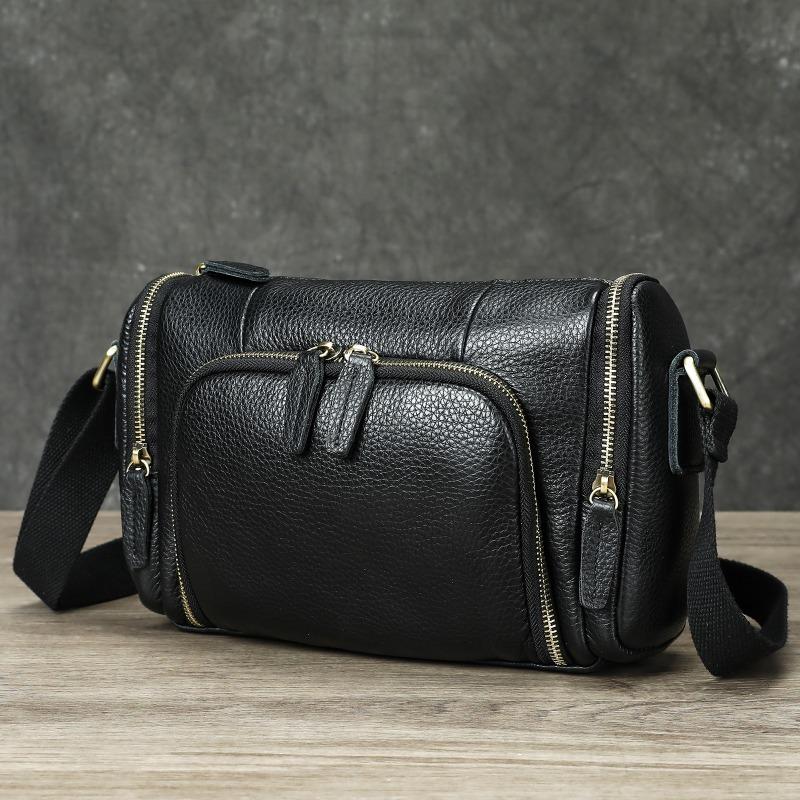 New horizontal cylindrical men's bag large capacity fashionable retro shoulder oblique span bag genuine leather men's bag