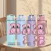 1PC Cute Pink Bear Couple Cartoon Art 750ml Color Plastic Sports Water Bottle Leakproof Flip Straw Lid Suitable for Sports Office Home Use