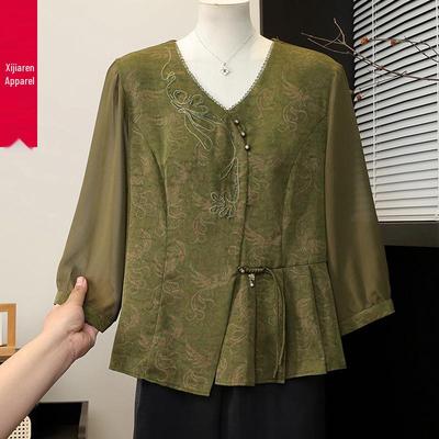 2026 Spring/Summer Women's Chinese Embroidery V-neck Shirt: Elegant, Slimming Top for Middle-aged and Elderly Mothers.