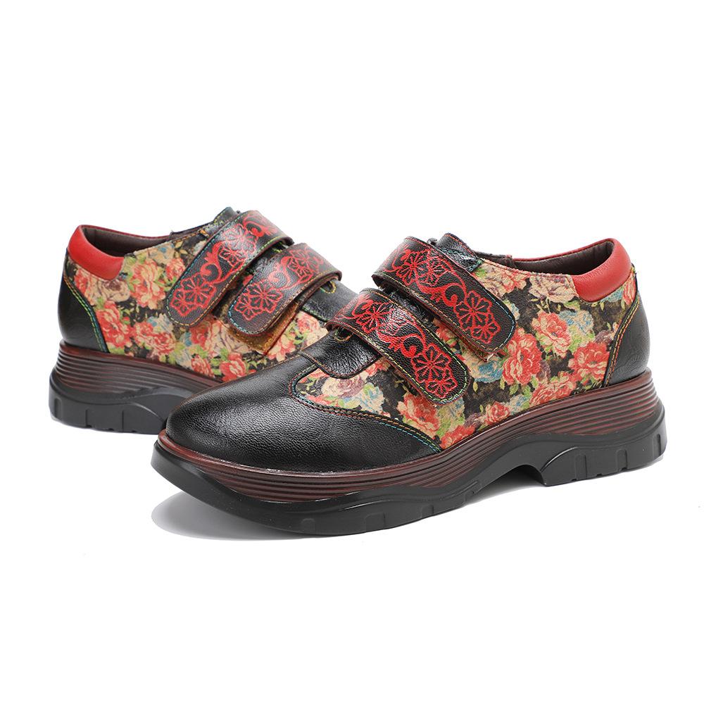 Johnature Retro Women Flats Shoes Genuine Leather Patchwork Printed Round Toe Comfortable Casual Platform Shoes