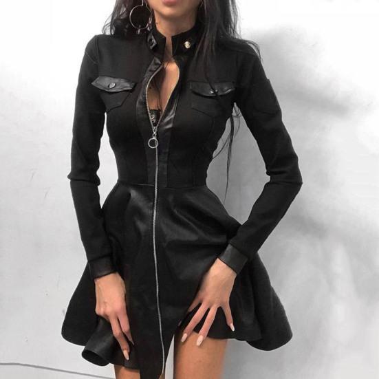 Clubkleid Durchsichtig Spitze Blumenstickerei A-Linie Großer Saum Slim Fit Stehkragen Über Knie Langärmlig Lockerer Saum Mini-Kleid für Dates