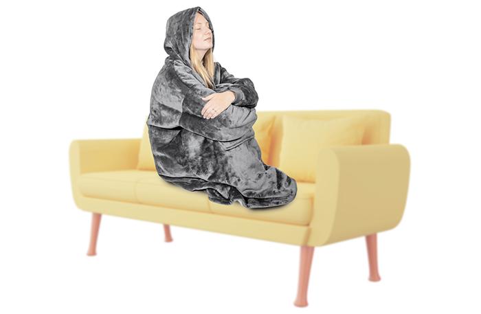 Gray Tv Poncho With Hoodie - Fur Trim, Warm, Long Sleeve, Large Pocket