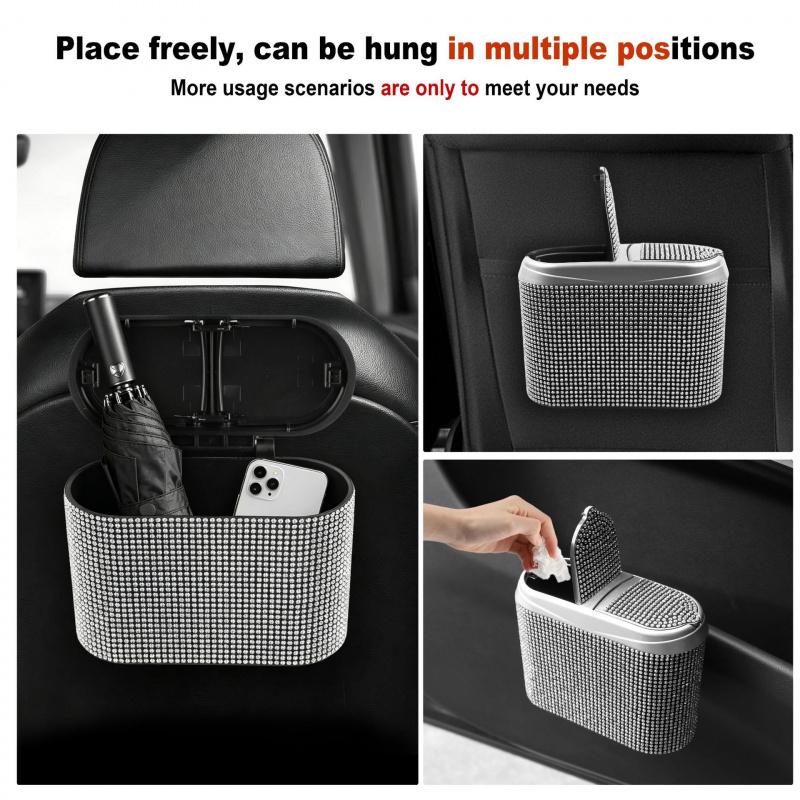 Bling Car Trash Can For Women Rhinestone Auto Door Garbage Bin Seat Back Hanging Storage Box Interior Accessories Organizer
