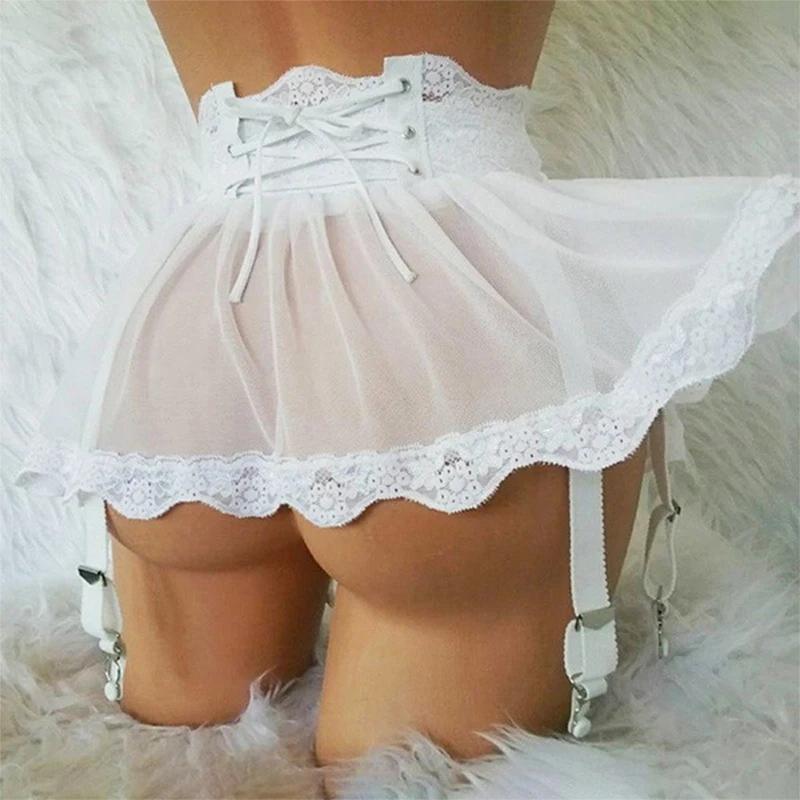 Women's Sexy Lingerie Plus Size Lace Garter Suspenders Transparent Underwear Mini Skirt Waist Belt For Stockings Bondage Garters