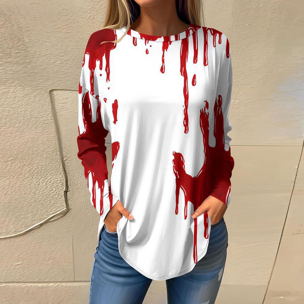 Damenmode Lockerer Rundhals Halloween-Druck Langarm T-Shirt Top Pullover