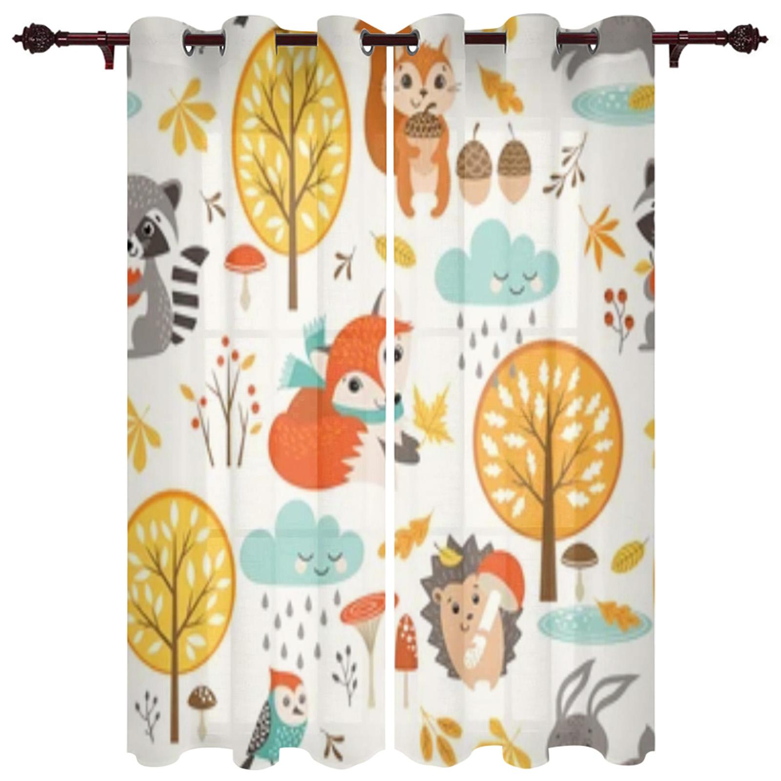 Cortinas de Ventana para Niños de Animales del Bosque de Dibujos Animados, Árbol, Zorro, Oso, Conejo, Artículos Decorativos para Sala de Estar, Sala de Estar 135W x 60H(cm)