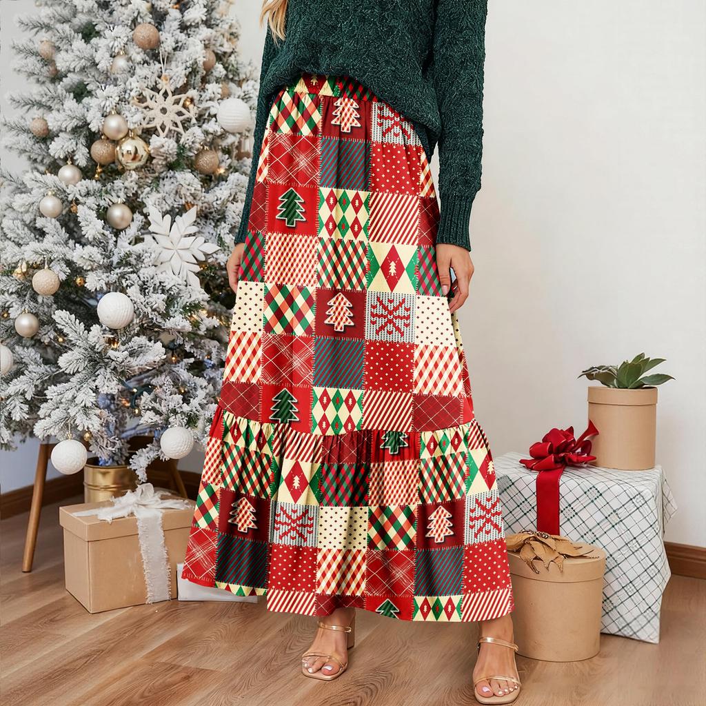 Women's Ruffled Casual Long Skirt Plaid Skirt Retro Pleated Skirt