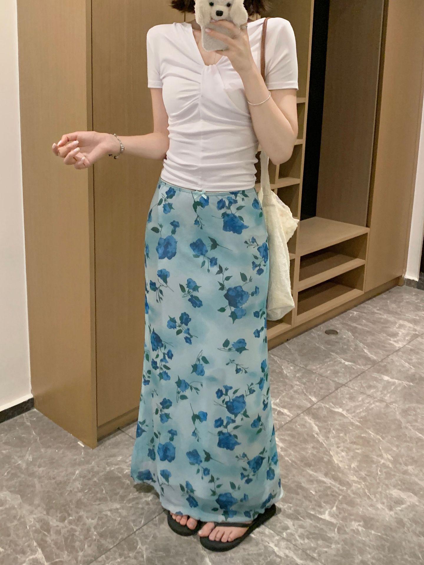 

Plus Size Retro Floral Fishtail Midi Skirt for Chubby Girls M (45-50 kg) синій