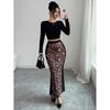Saia Longa de Malha com Estampa de Leopardo Feminina Sexy com Fenda Lateral Bodycon Casual