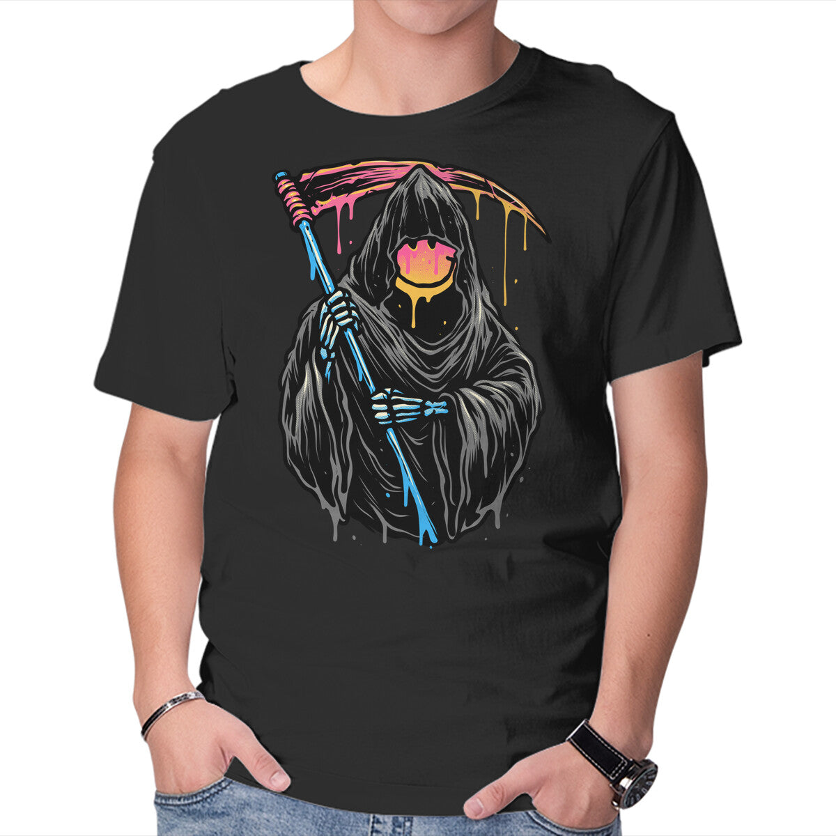 Unisex Crew Neck T-Shirt Color Drip Reaper Graphic Short Sleeve Casual Tee XXL