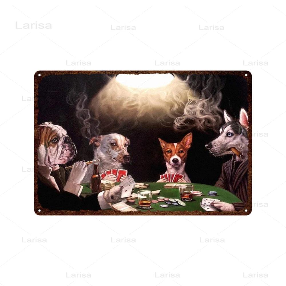 Dogs Playing Poker Game Metal Plaque Animals Playing Billiards Tin Sign Garage Club Wall Pub Tin Sign Vintage Metal Posters