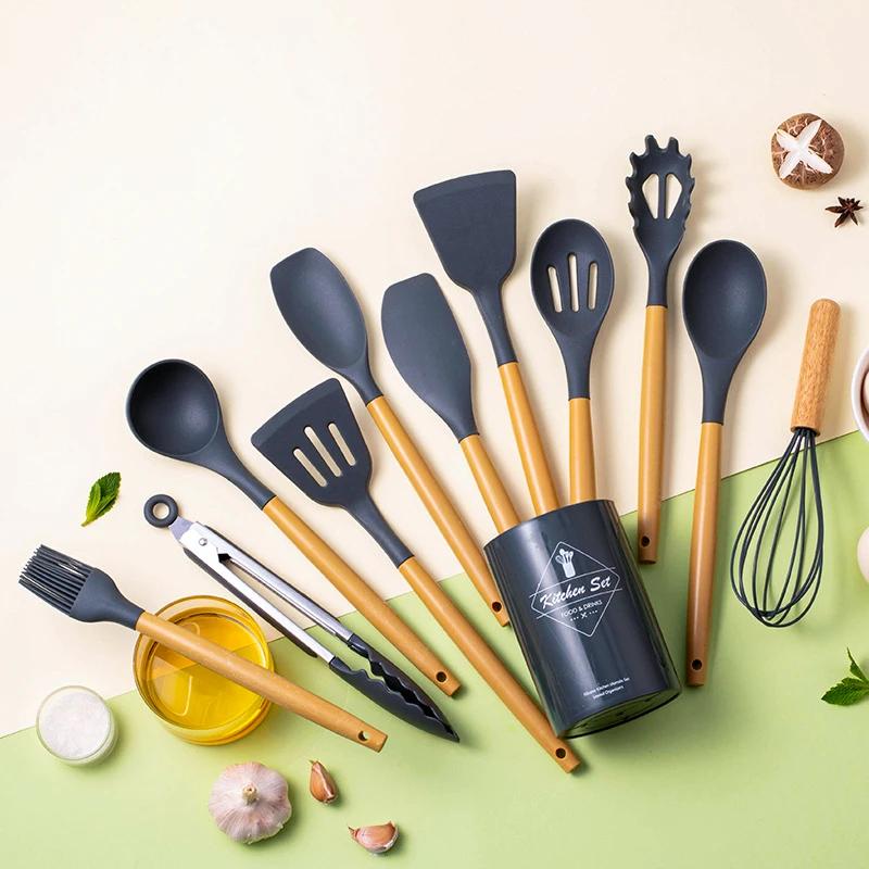 12Pcs Silicone Kitchen Cookware Utensils PP Handle Turner Food Grade Spatula Measuring Spoon Practical Cooking Tool Kitchenware